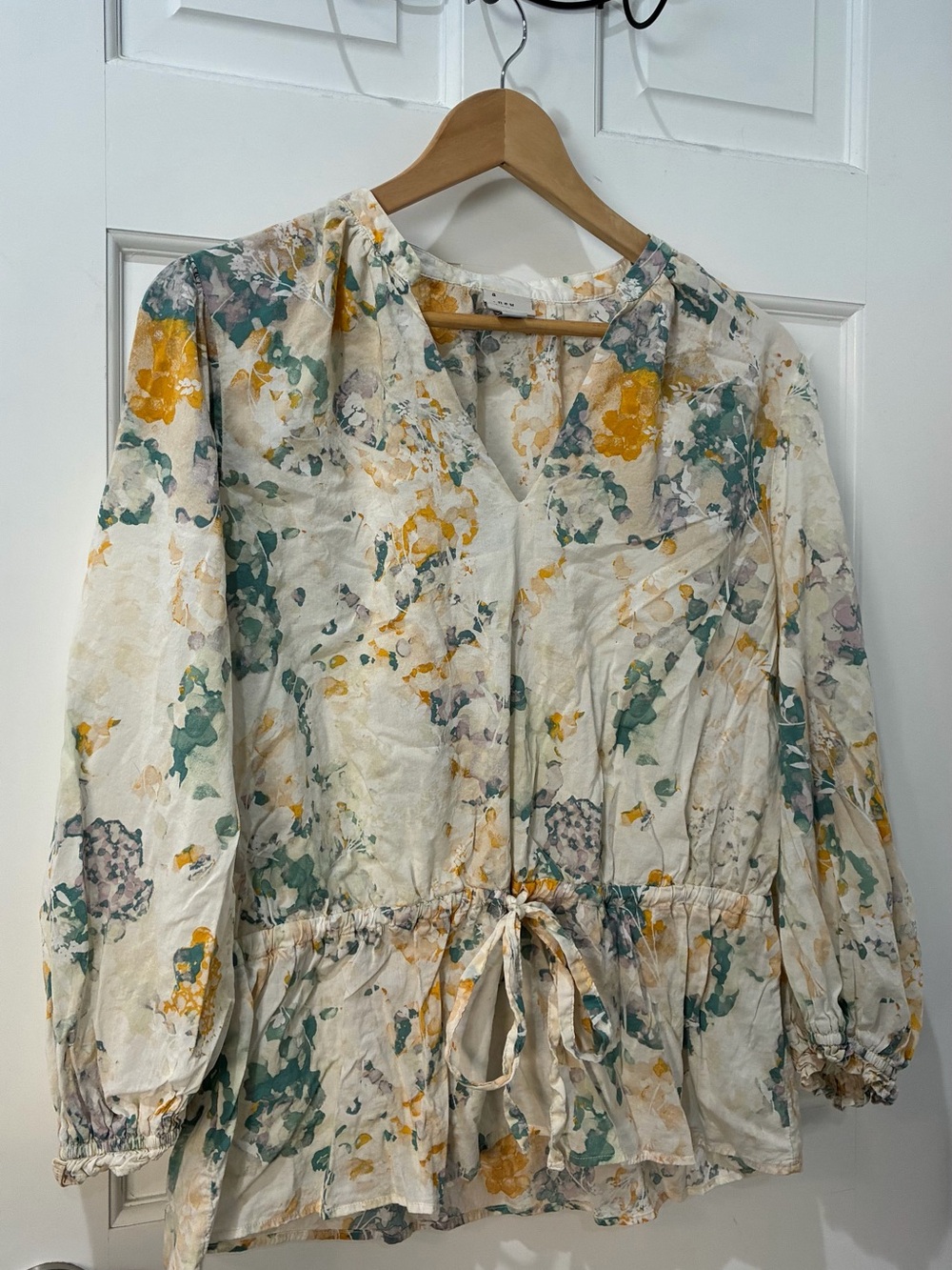 A New Day Cream Floral Blouse with Green & Yellow Watercolor Print, XL